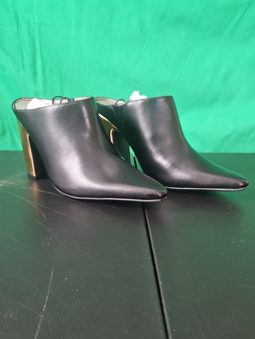 Worthington Black Pointed Leather Mule Heels with Gold Block Heel